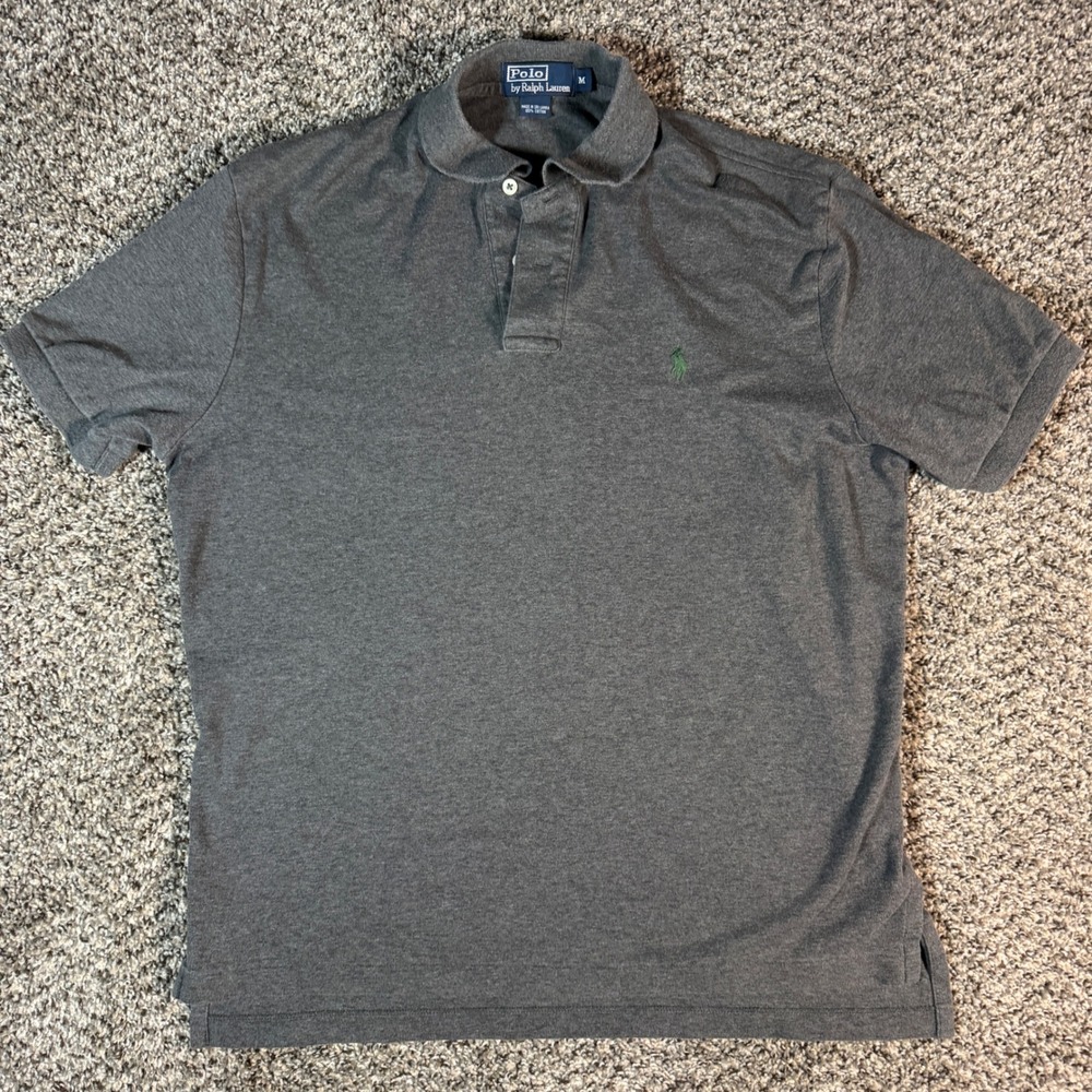 Polo Ralph Lauren Sz M Mens Gray Cotton Short Sleeve Polo Shirt Green Pony